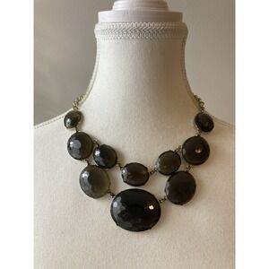 Smoky Gray Cabochon Necklace Gold Tone Double Strand Statement Chunky Bib